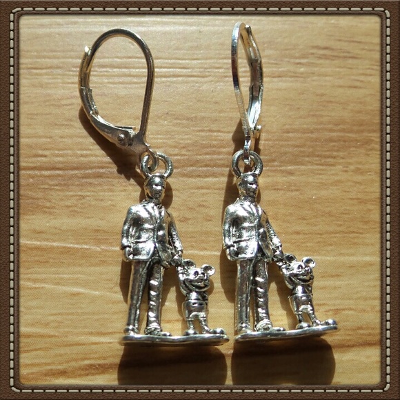 Man and Mouse holding Hands Silver Tone Earrings - Picture 8 of 9